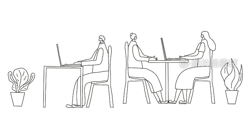 People siting at the desk. Vector design.